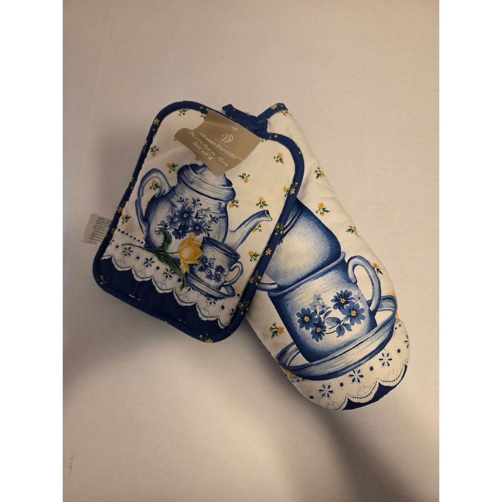 HomeTrends Kitchen Set Oven Mitt Pot Holder Blue White Teapot Floral 2 Piece NWT